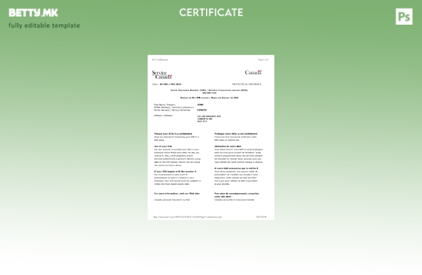 Модерен стил шаблон за потврда на канадски број за социјално осигурување (SIN).